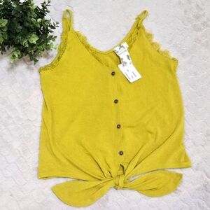 Blu Pepper Mustard Yellow Tie-Front Lace Trim Tank Top, Size Small NWT